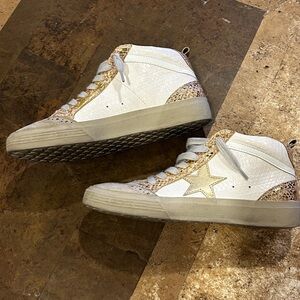 White and Gold High-Top Sneakers